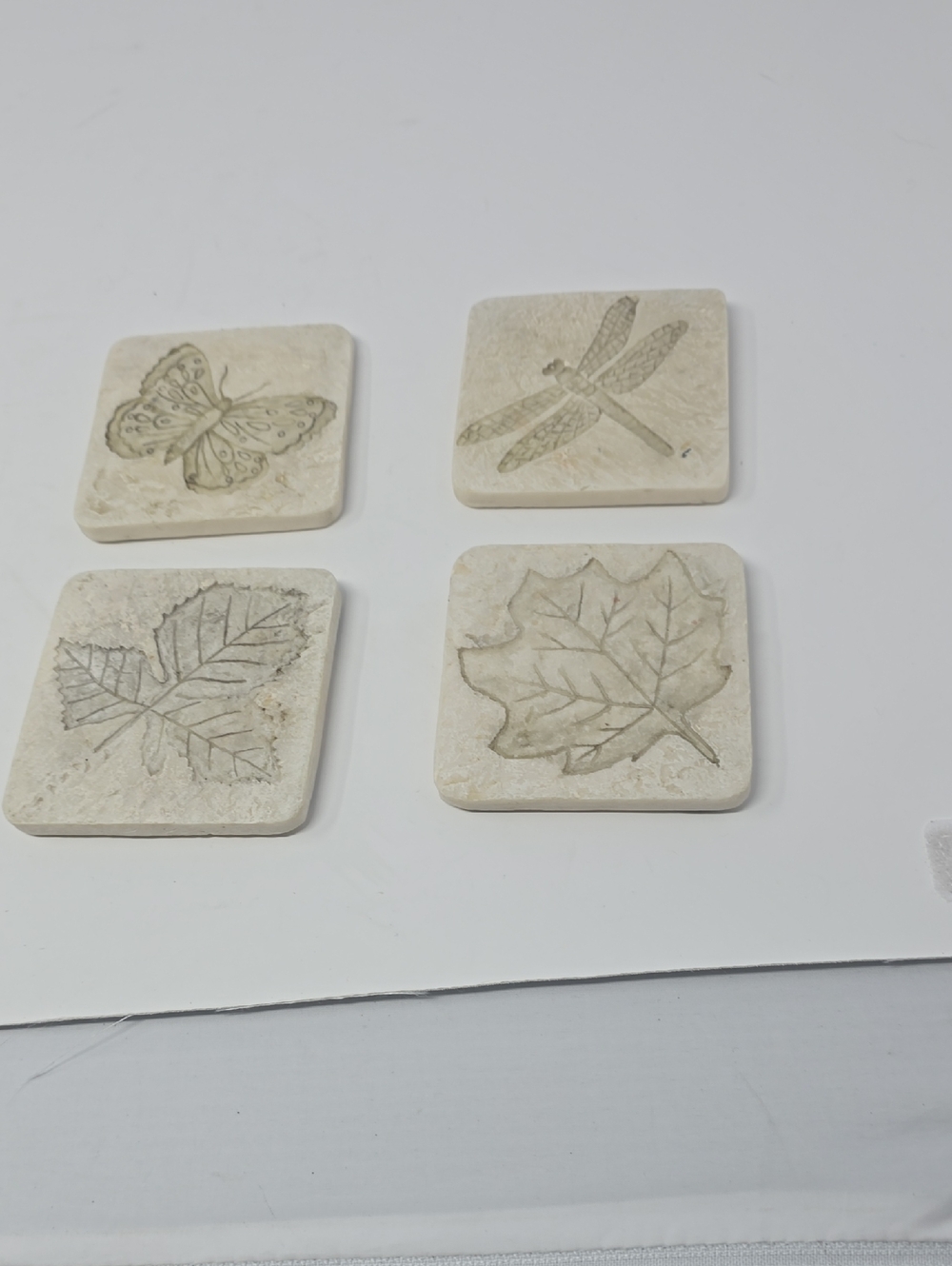 Stone Nature Coasters Set of 4 - Butterfly, Dragonfly & Leaf Designs - Beige